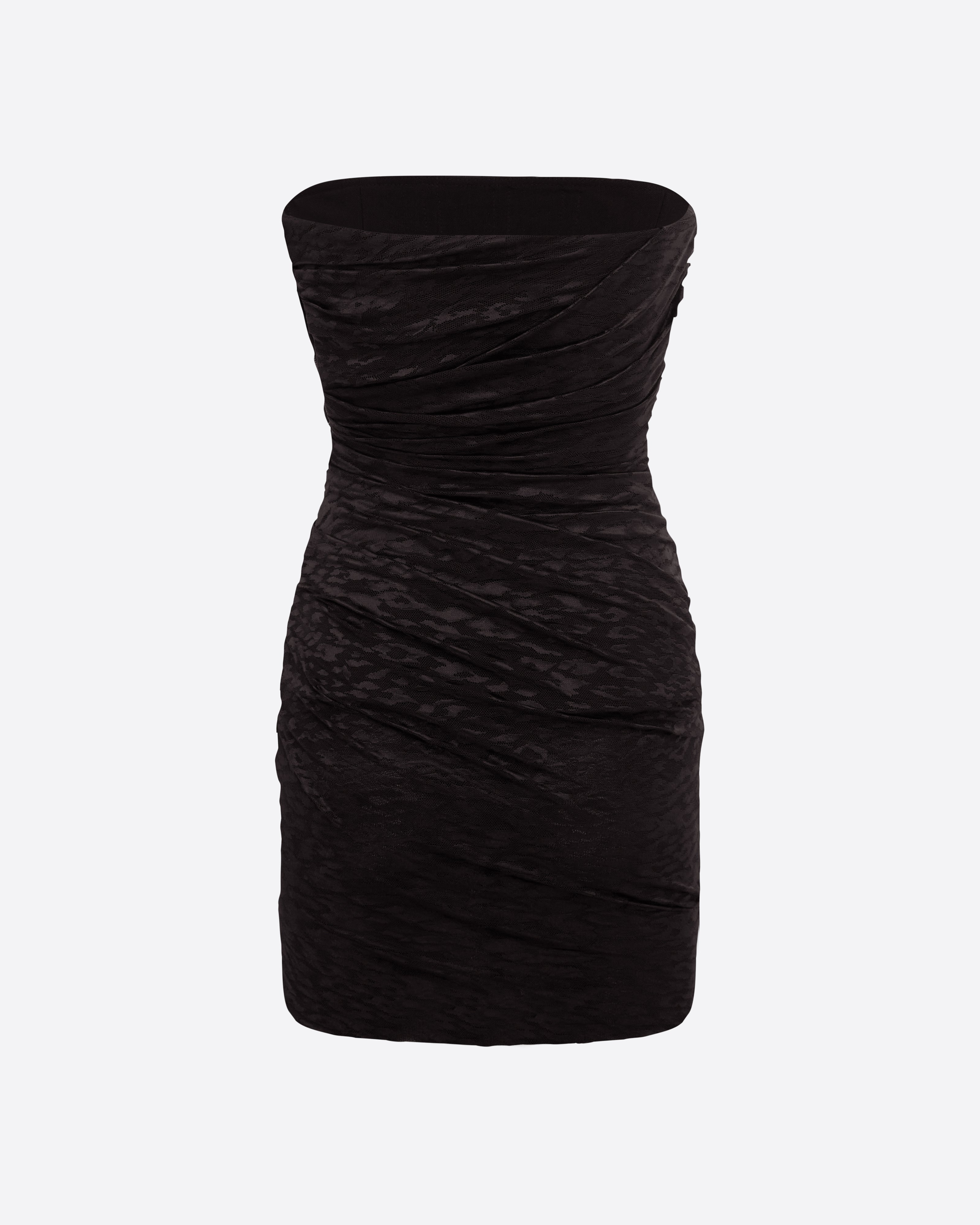 Strapless Tucked Mini Dress in Leopard Lace
