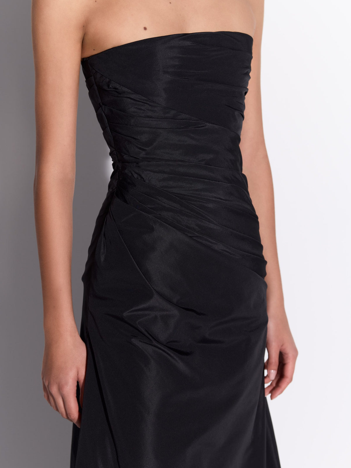 Strapless Tucked Split Gown in Taffeta