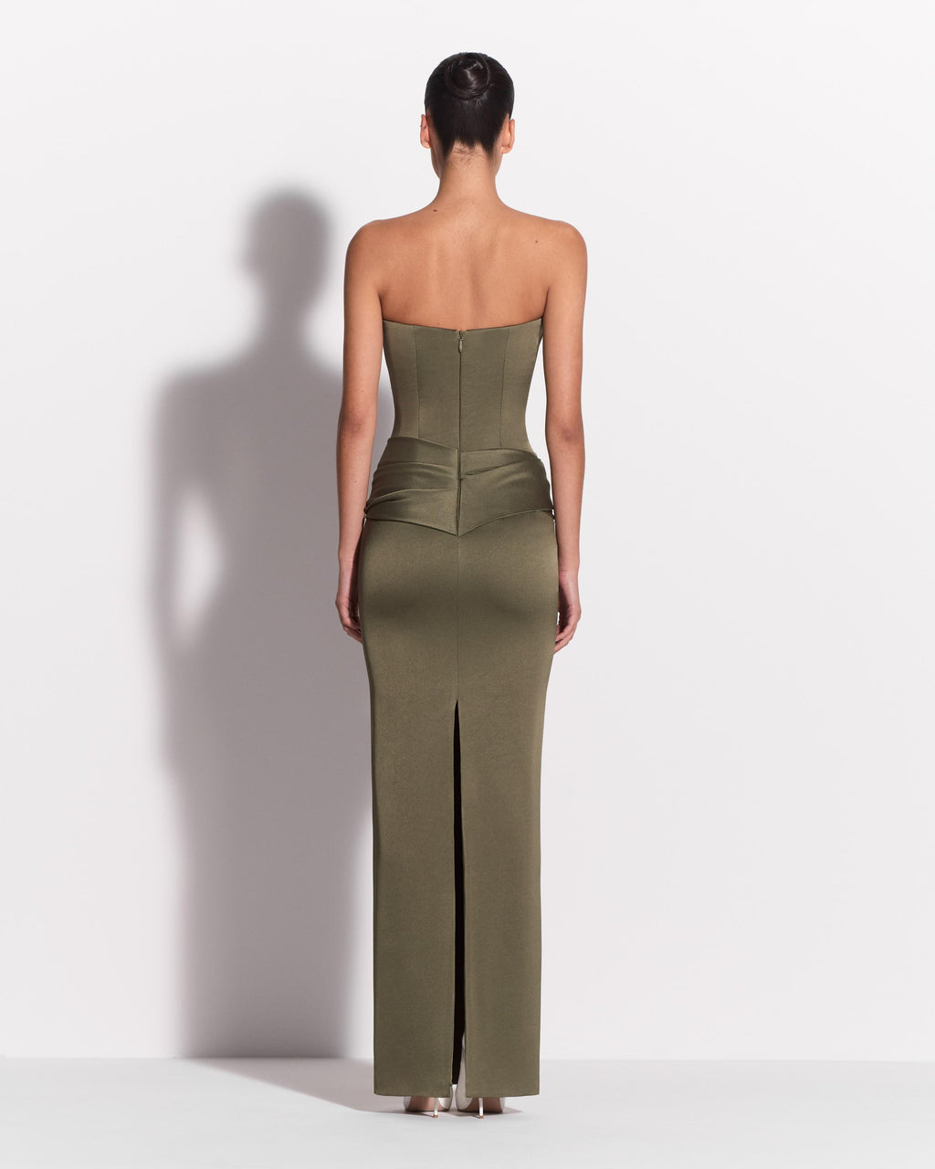 Strapless Twist Drape Column in Satin Crepe