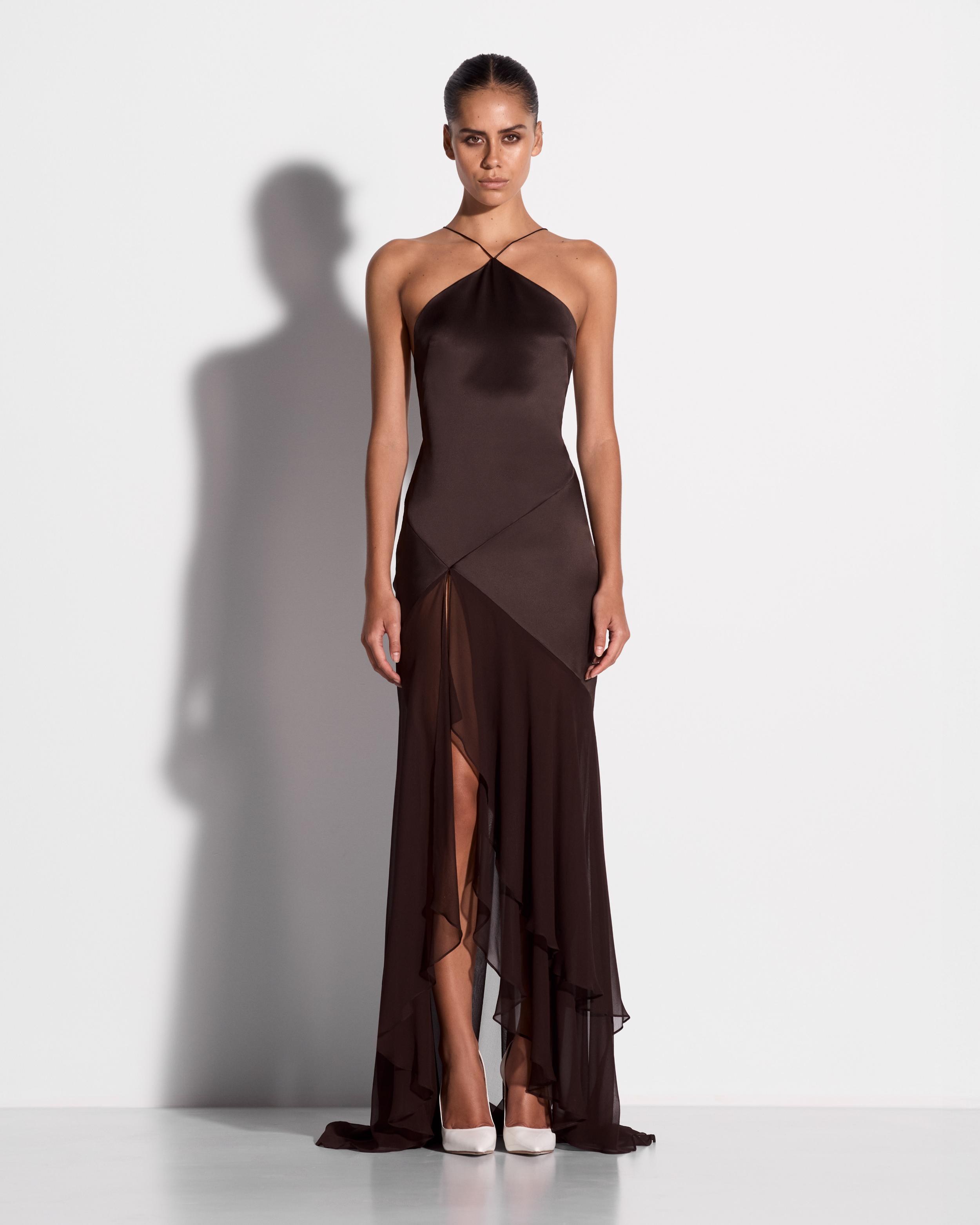 Tiered Halter Gown in Silk Satin