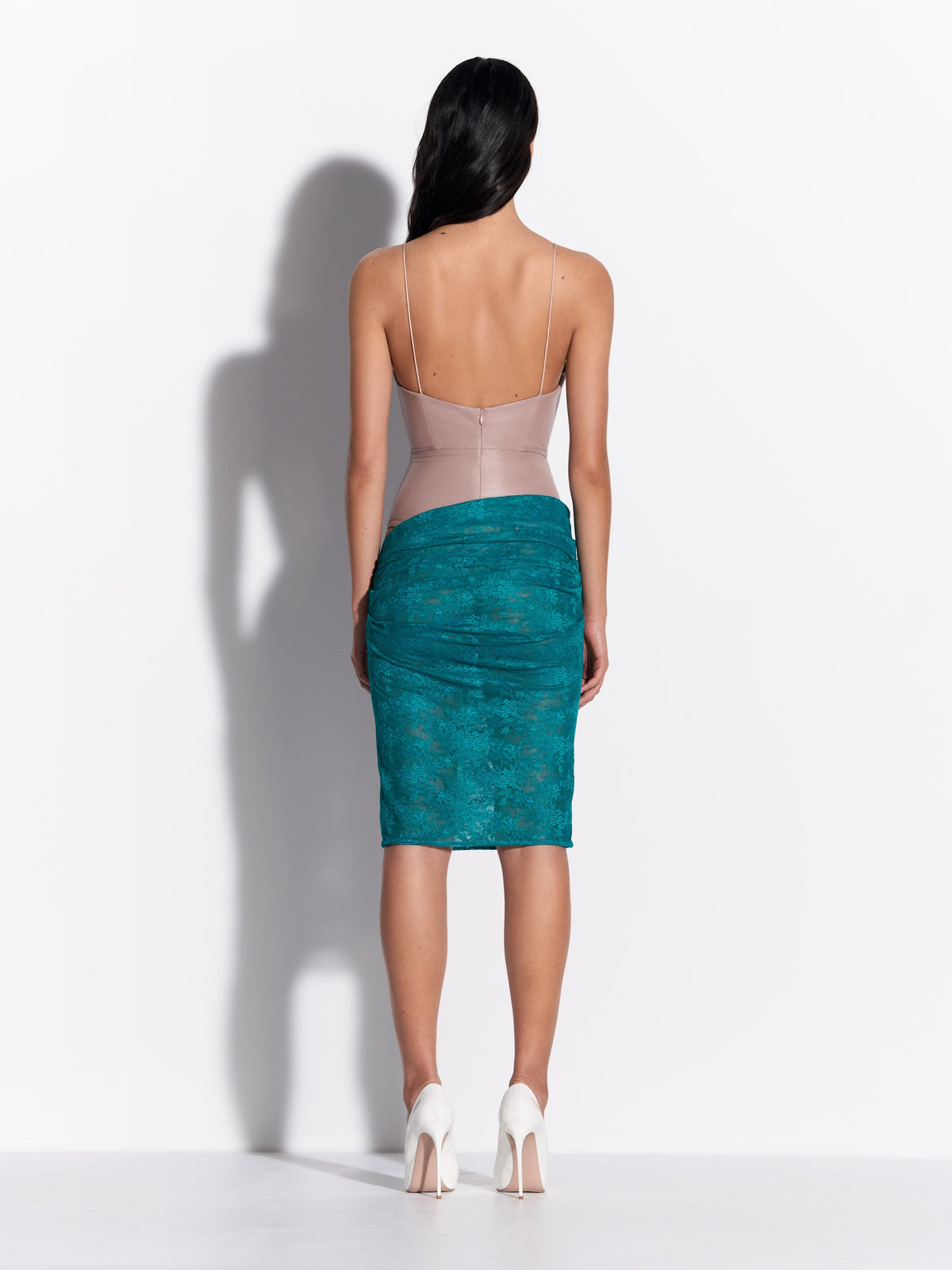 Tucked Skirt in Stretch Lace - by079re27-bikini-bodysuit-in-leather-dusty-pink-s0228re27-tucked-skirt-in-stretch-lace-teal-02.jpg