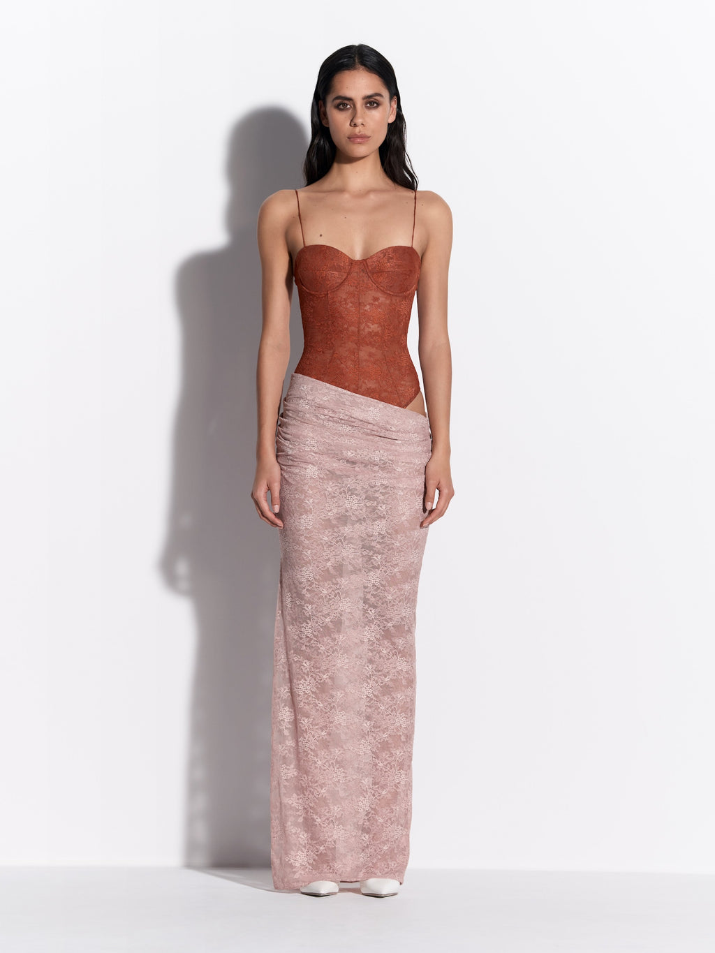 Cupped Bodysuit in Stretch Lace - by077re27-cupped-bodysuit-in-stretch-lace-rust-s0234re27-tucked-column-skirt-in-stretch-lace-bare-01.jpg