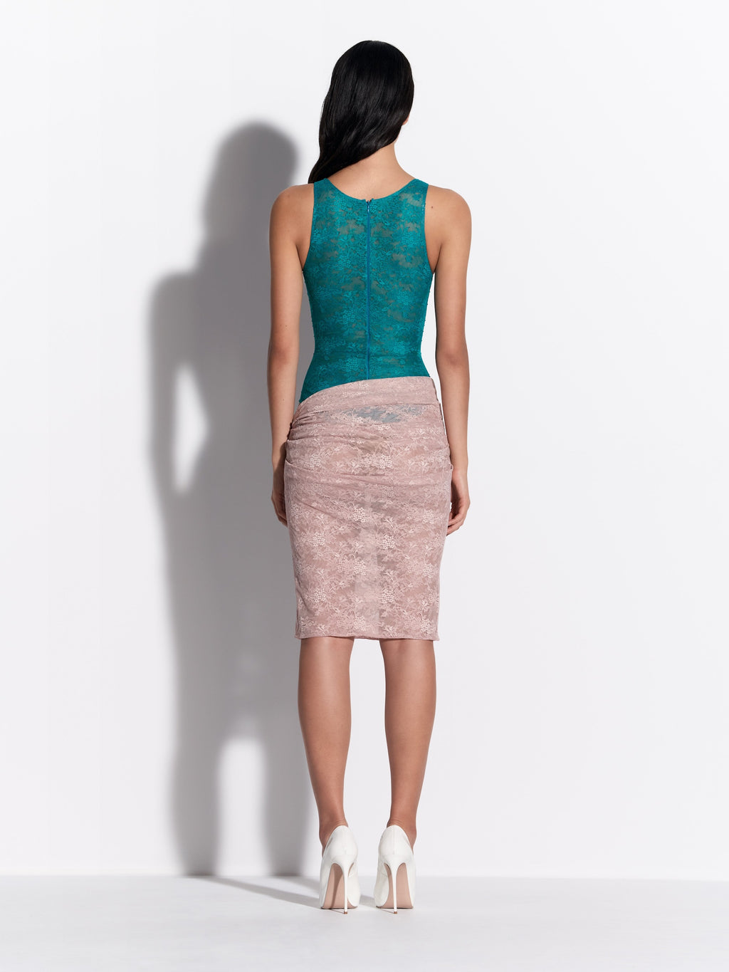 Singlet Bodysuit in Stretch Lace - by078re27-singlet-bodysuit-in-stretch-lace-teal-s0228re27-tucked-skirt-in-stretch-lace-bare-02.jpg
