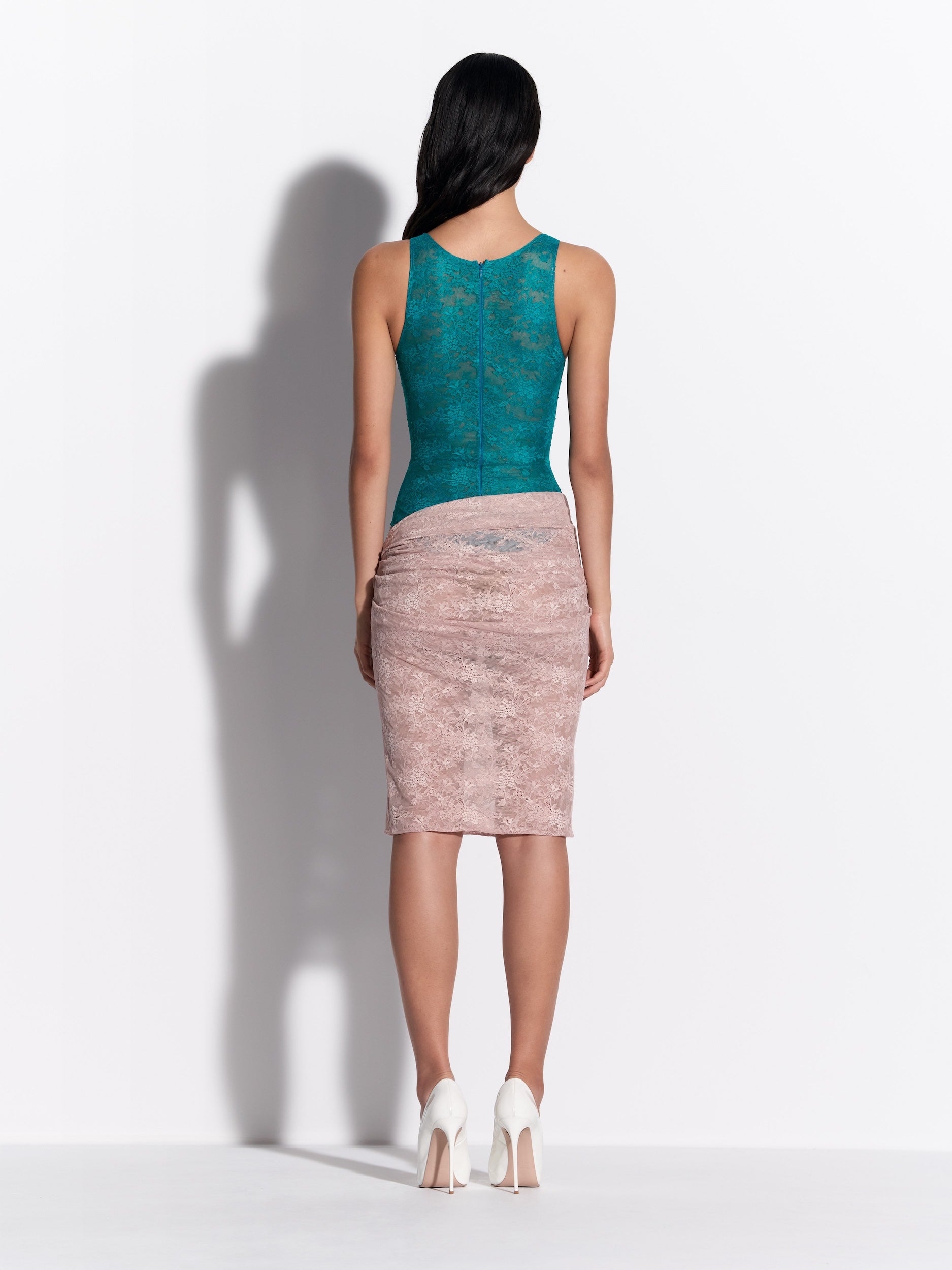 Singlet Bodysuit in Stretch Lace - by078re27-singlet-bodysuit-in-stretch-lace-teal-s0228re27-tucked-skirt-in-stretch-lace-bare-02.jpg