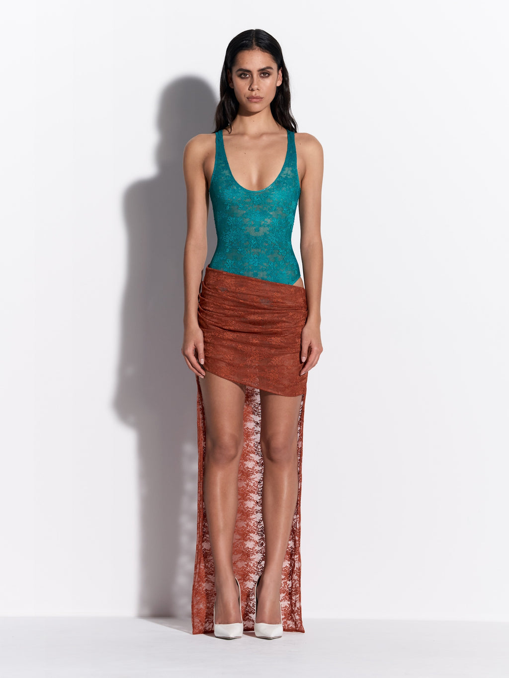 Asymmetric Skirt in Stretch Lace - by078re27-singlet-bodysuit-in-stretch-lace-teal-s0233re27-asymmetric-skirt-in-stretch-lace-rust-01.jpg
