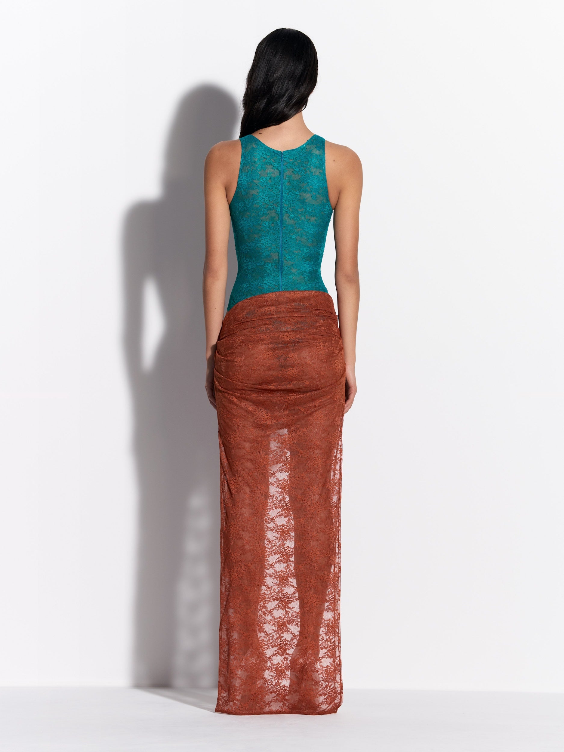 Asymmetric Skirt in Stretch Lace - by078re27-singlet-bodysuit-in-stretch-lace-teal-s0233re27-asymmetric-skirt-in-stretch-lace-rust-02.jpg