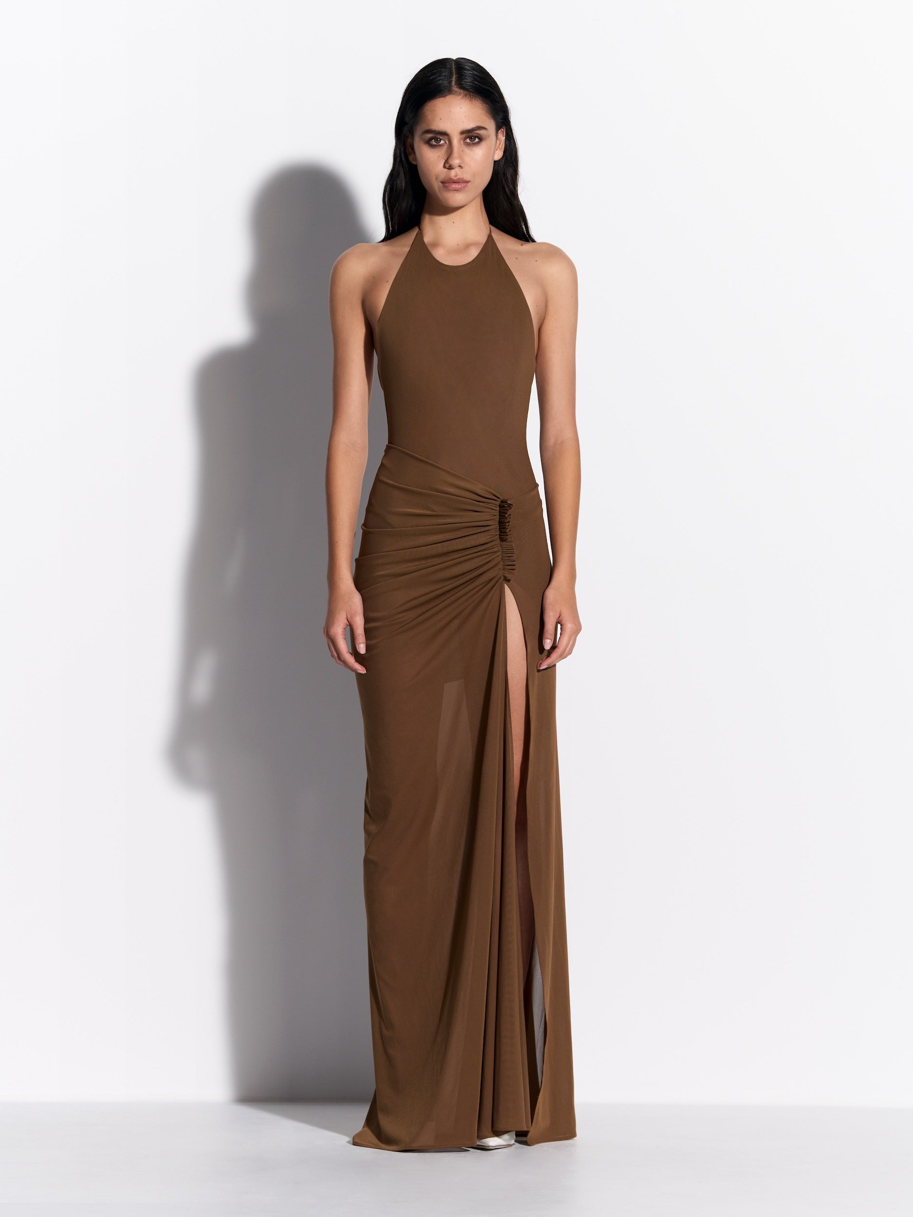 Halter Bodysuit in Stretch Mesh - by080re27-halter-bodysuit-in-powermesh-bronze-s0235re27-ruched-skirt-in-powermesh-bronze-01.jpg