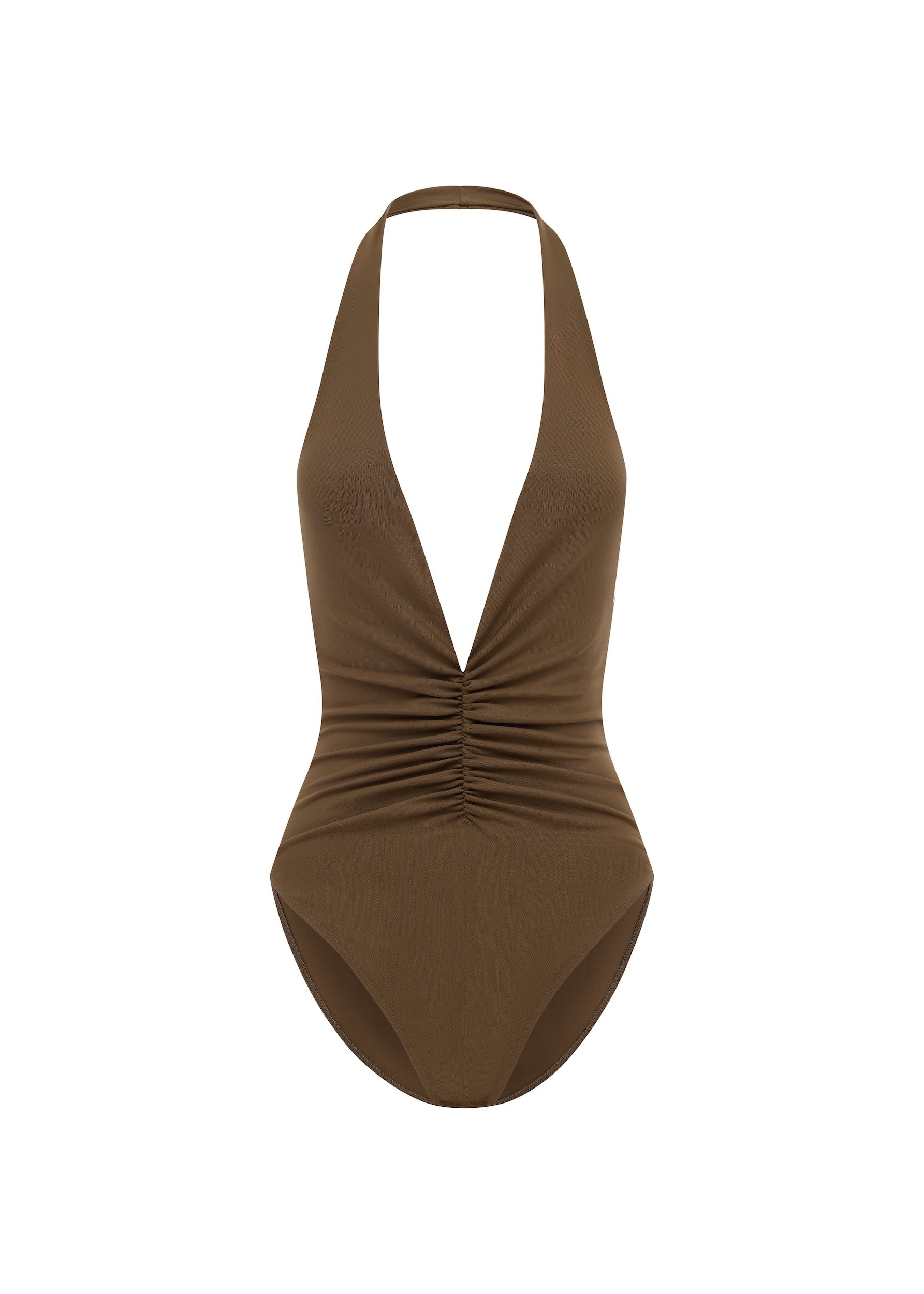 Halter Ruched Bodysuit in Stretch Mesh - by081re27-halter-ruched-bodysuit-in-powermesh-bronze-11.jpg