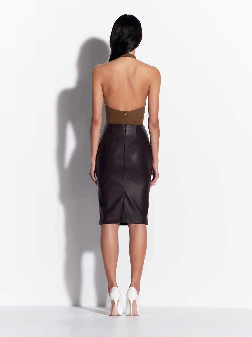 Halter Ruched Bodysuit in Stretch Mesh - by081re27-halter-ruched-bodysuit-in-powermesh-bronze-s0232re27-skirt-in-leather-aubergine-02.jpg