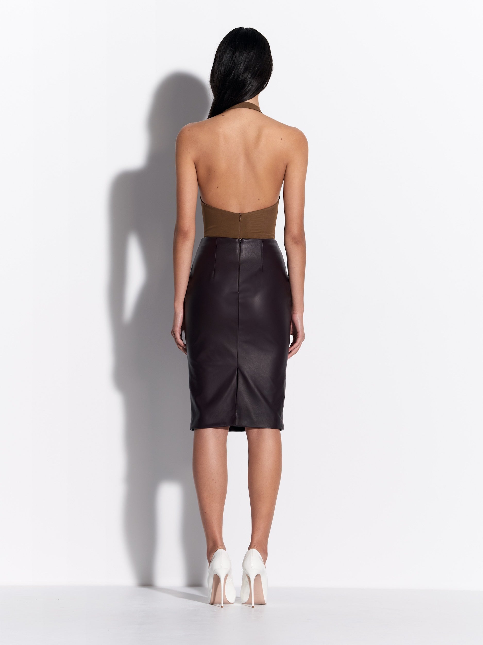 Halter Ruched Bodysuit in Stretch Mesh - by081re27-halter-ruched-bodysuit-in-powermesh-bronze-s0232re27-skirt-in-leather-aubergine-02.jpg