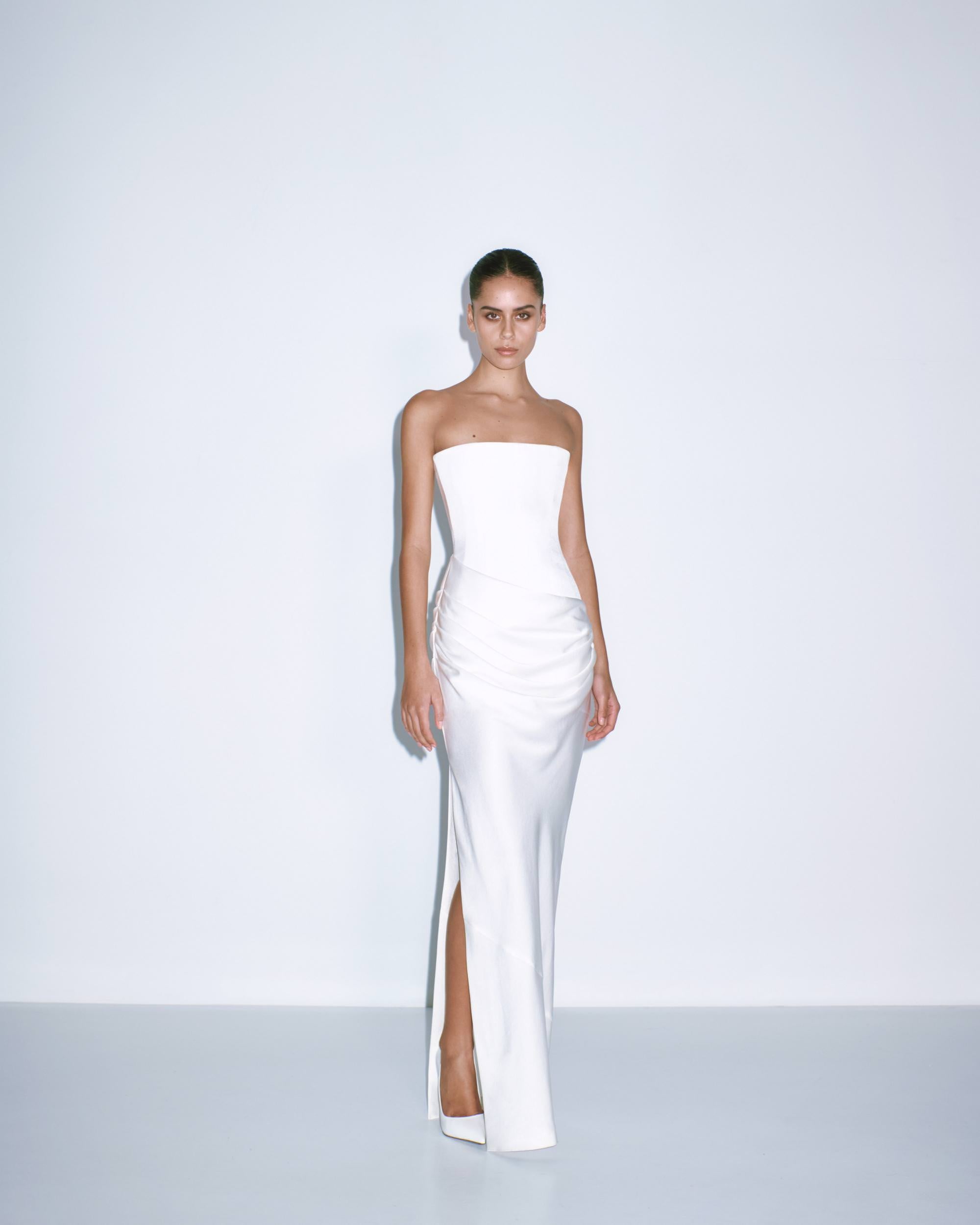 Bride Edit - Strapless Longline Draped Column in Satin Crepe