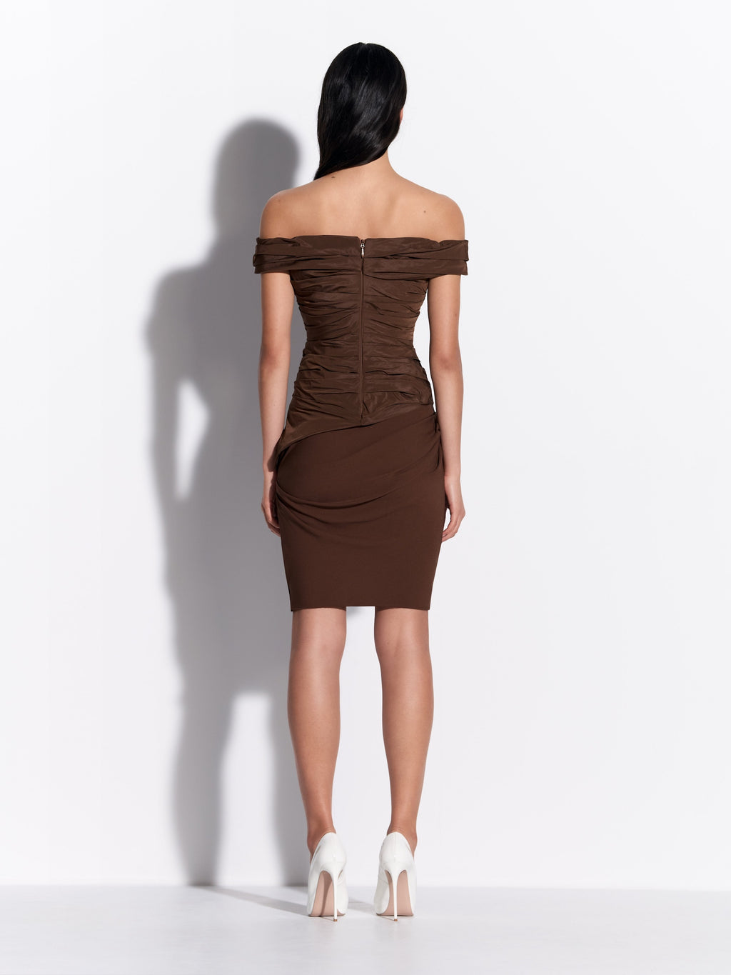 Off shoulder Tucked Dress in Taffeta & Georgette - d1851re27-off-shoulder-tucked-dress-in-taffeta-georgette-chocolate-02.jpg