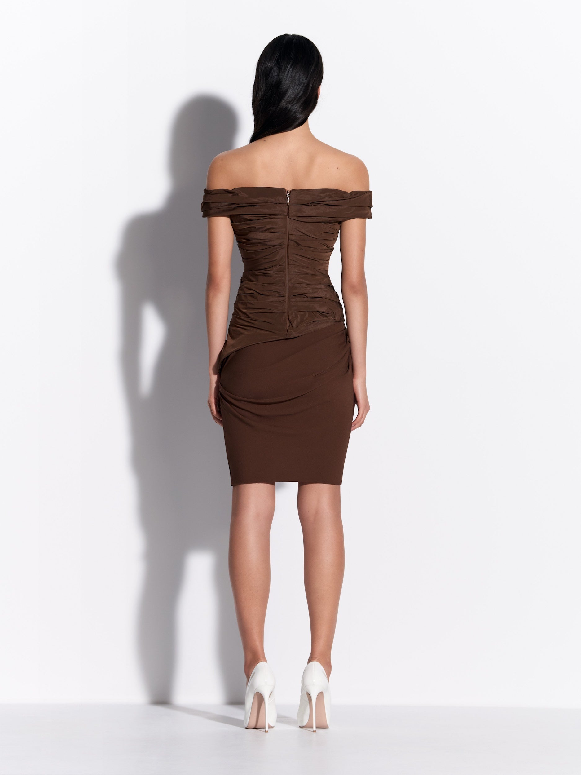 Off shoulder Tucked Dress in Taffeta & Georgette - d1851re27-off-shoulder-tucked-dress-in-taffeta-georgette-chocolate-02.jpg
