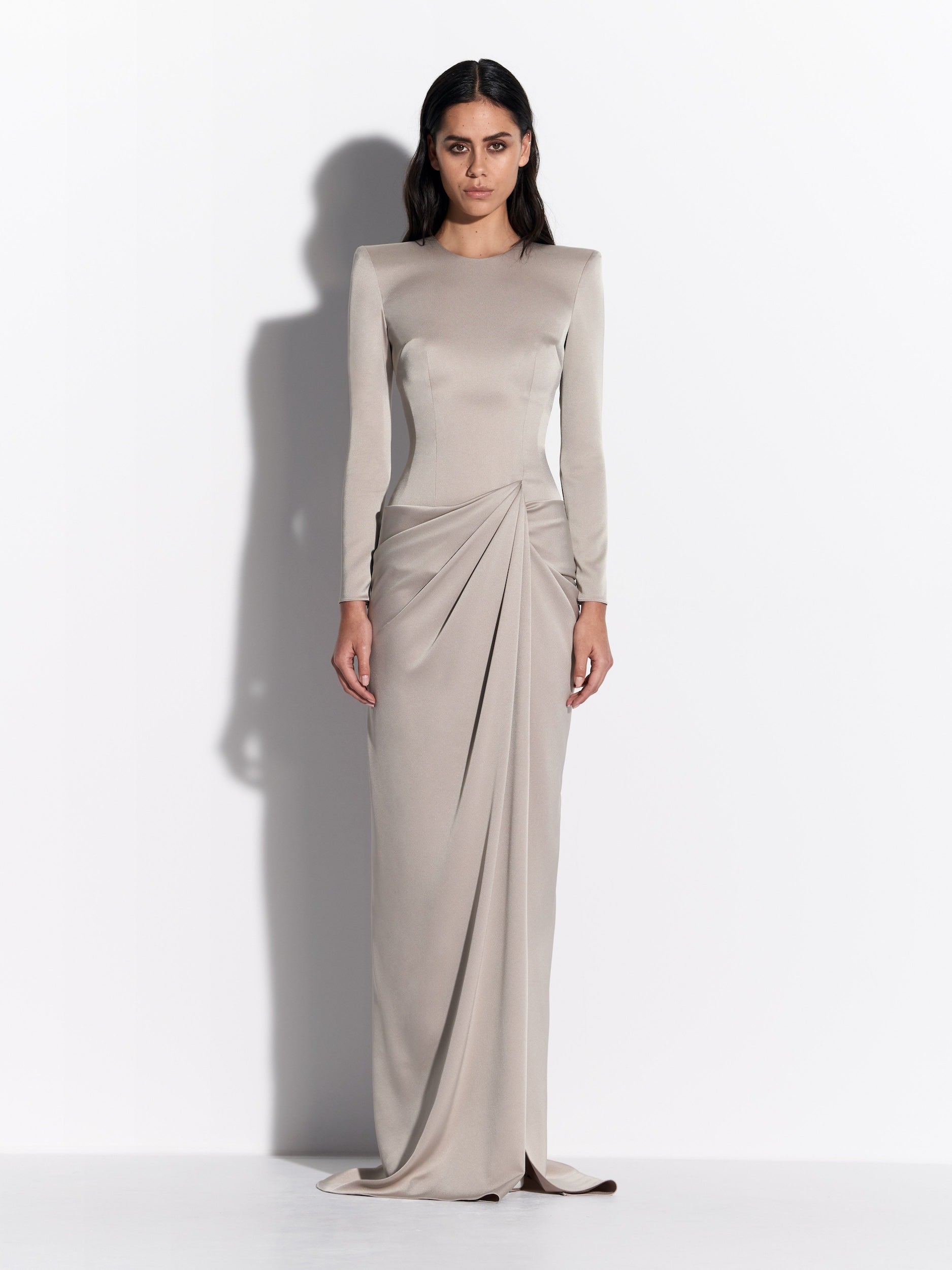 Long Sleeve Draped Gown in Satin Crepe - d1865re27-long-sleeve-draped-gown-in-satin-crepe-rock-01.jpg