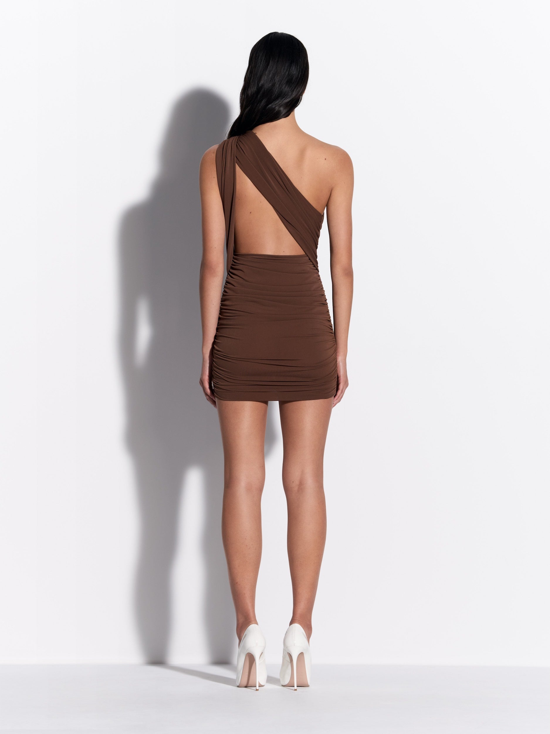 One Shoulder Mini Dress in Crepe Jersey - d1885re27-one-shoulder-mini-dress-in-crepe-jersey-chocolate-02.jpg