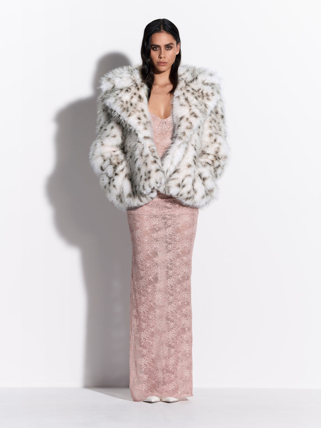 Contoured Jacket in Snow Leopard Faux Fur - j0184re27-contoured-jacket-in-snow-leopard-faux-fur-snow-leopard-by077re27-cupped-bodysuit-in-stretch-lace-bare-s0234re27-tucked-column-skirt-in-stretch-lace-bare-01.jpg