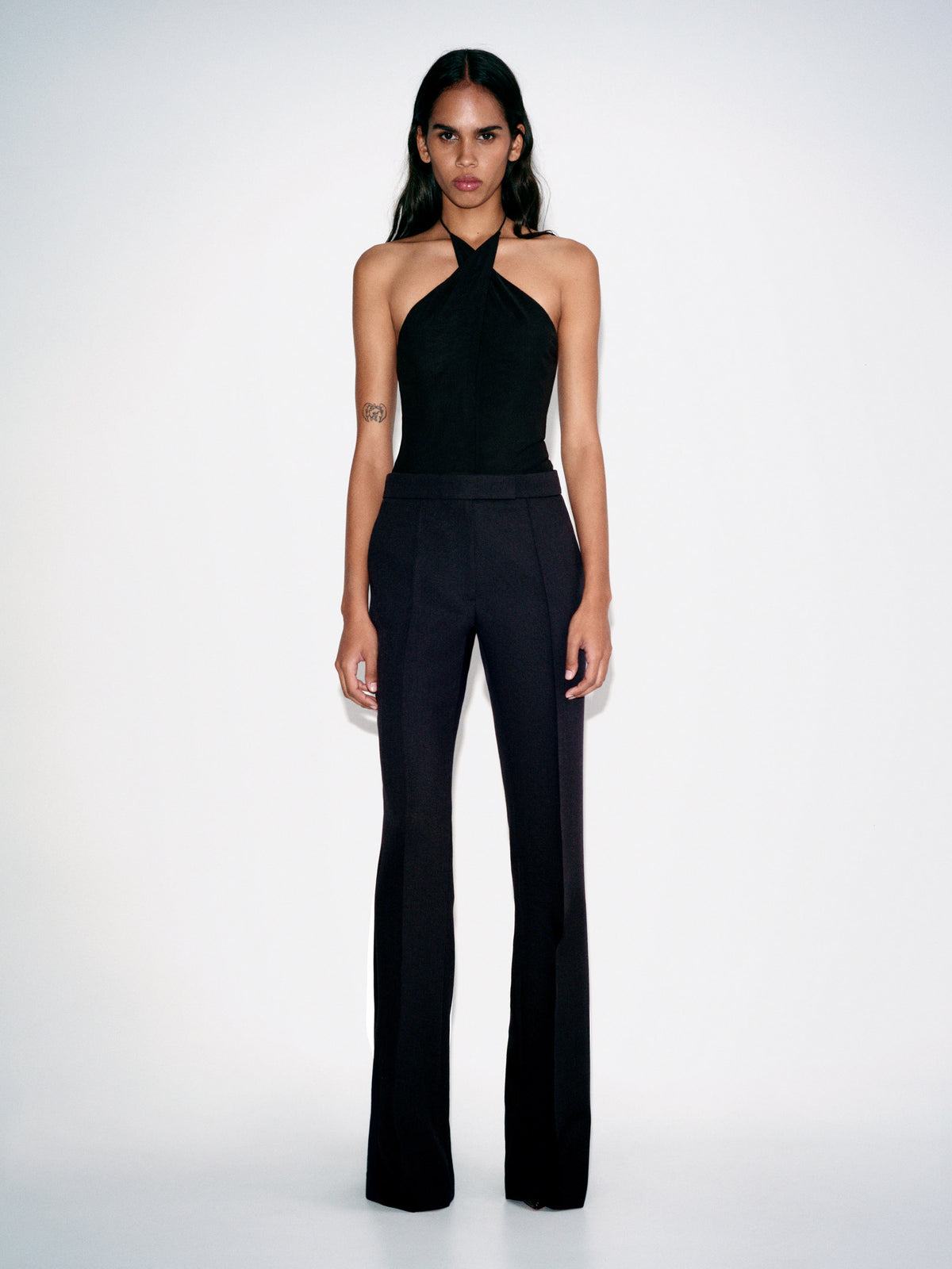 Alex Perry Pre Fall 2026 Look 15 - Cross Tie Halter Bodysuit in Stretch Mesh & Flare Trouser in Wool Suiting