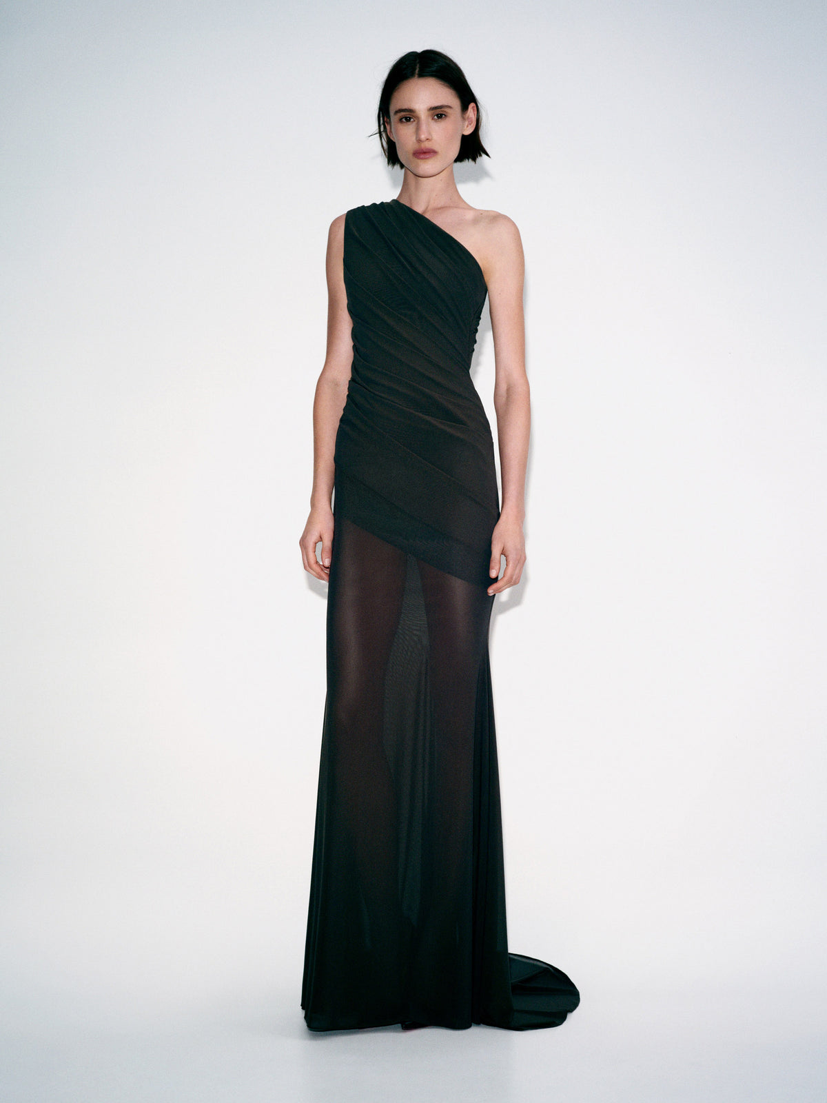 Alex Perry Pre Fall 2026 Look 19 - One Shoulder Tucked Gown in Stretch Mesh