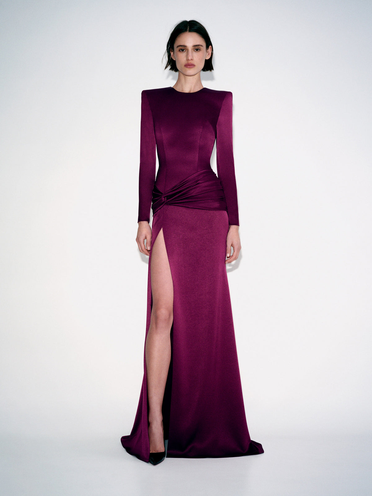 Alex Perry Pre Fall 2026 Look 28 - Long Sleeve Knot Gown in Satin Crepe