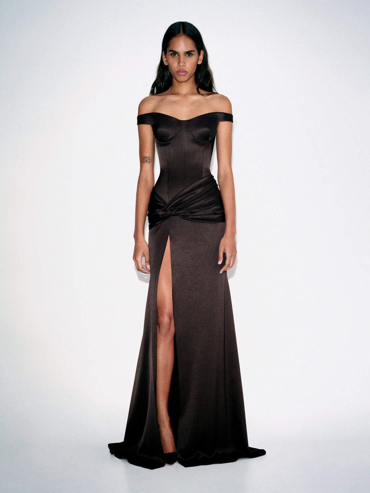 Alex Perry Pre Fall 2026 Look 29 - Off Shoulder Knot Gown in Satin Crepe