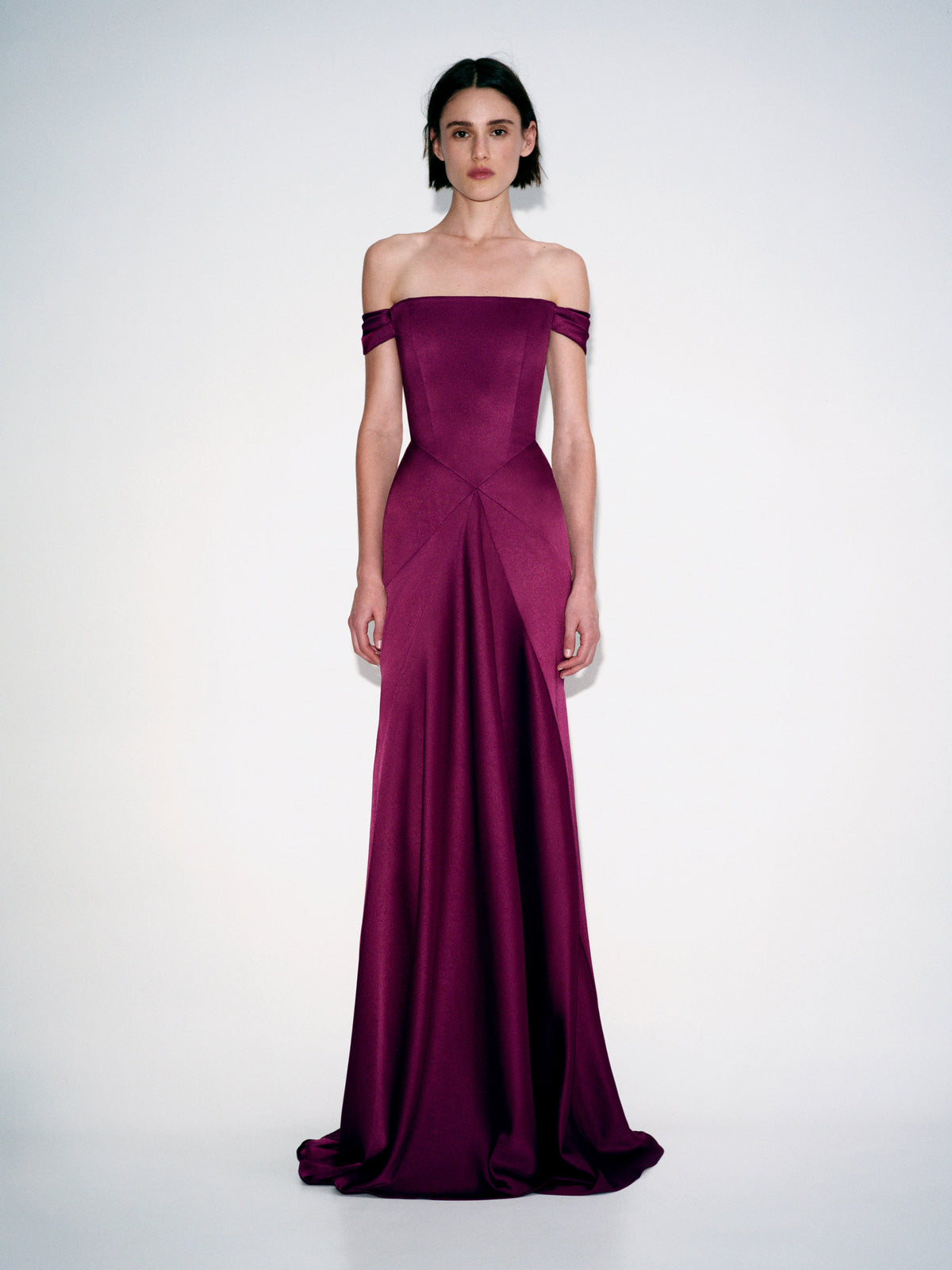 Alex Perry Pre Fall 2026 Look 32 - Off Shoulder Panelled Gown in Satin Crepe