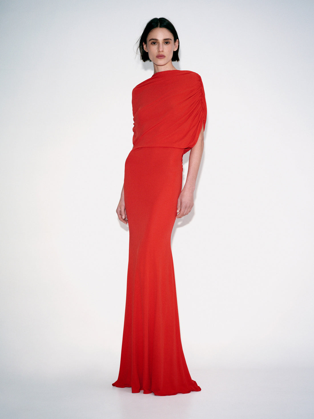 Alex Perry Pre Fall 2026 Look 55 — Off Shoulder Cape Gown in Dry Jersey