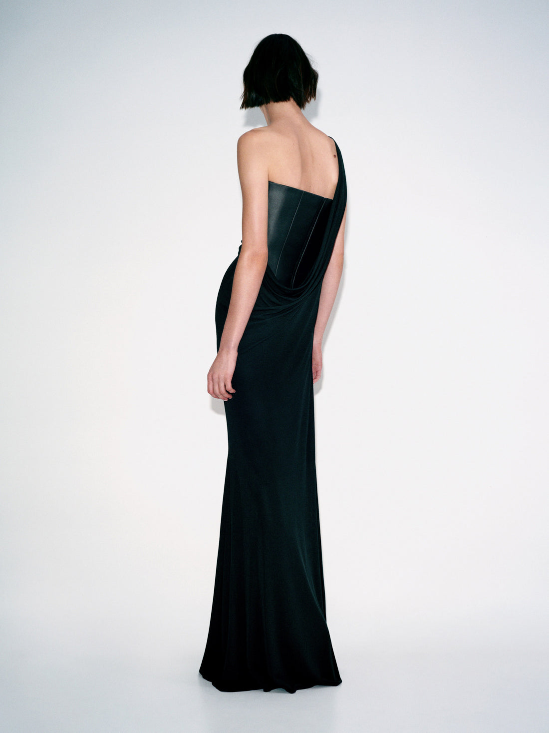 Alex Perry Pre Fall 2026 Look 61 — One Shoulder Asymmetric Gown in Leather & Jersey