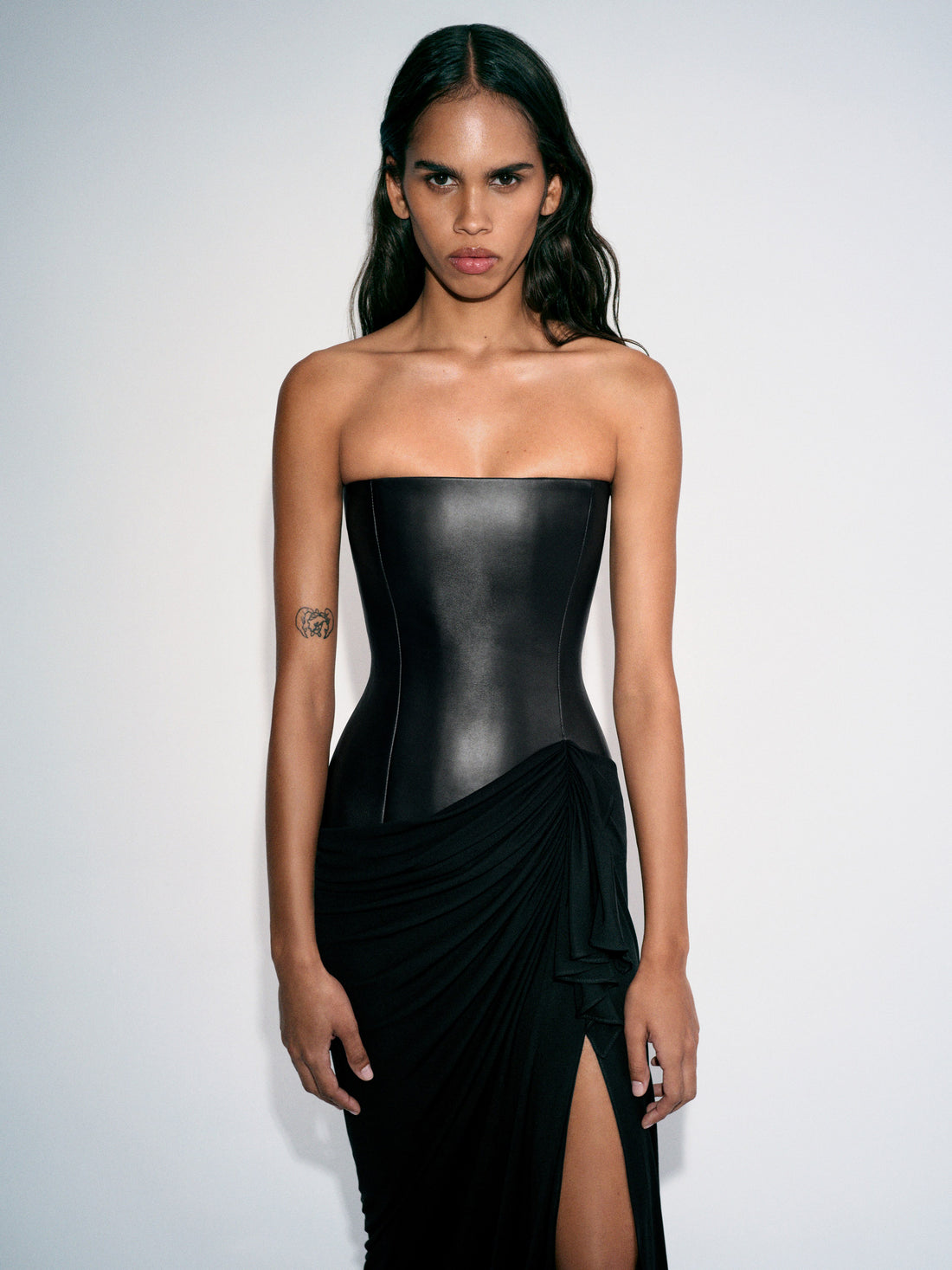 Alex Perry Pre Fall 2026 Look 62 — Strapless Asymmetric Gown in Leather & Jersey