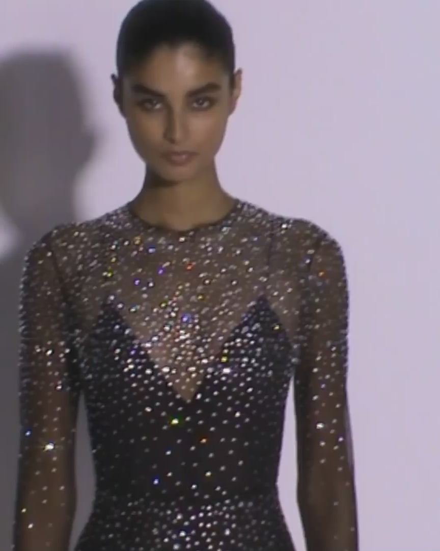 Long Sleeve Column in Crystal Mesh