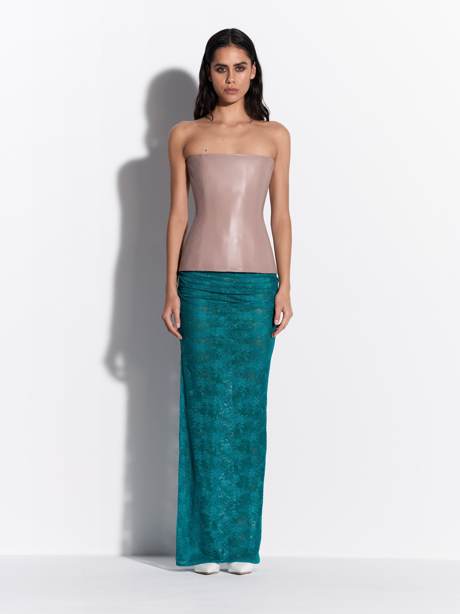 Strapless Longline Corset in Leather - t0295re27-strapless-longline-corset-in-leather-dusty-pink-s0234re27-tucked-column-skirt-in-stretch-lace-teal-01.jpg