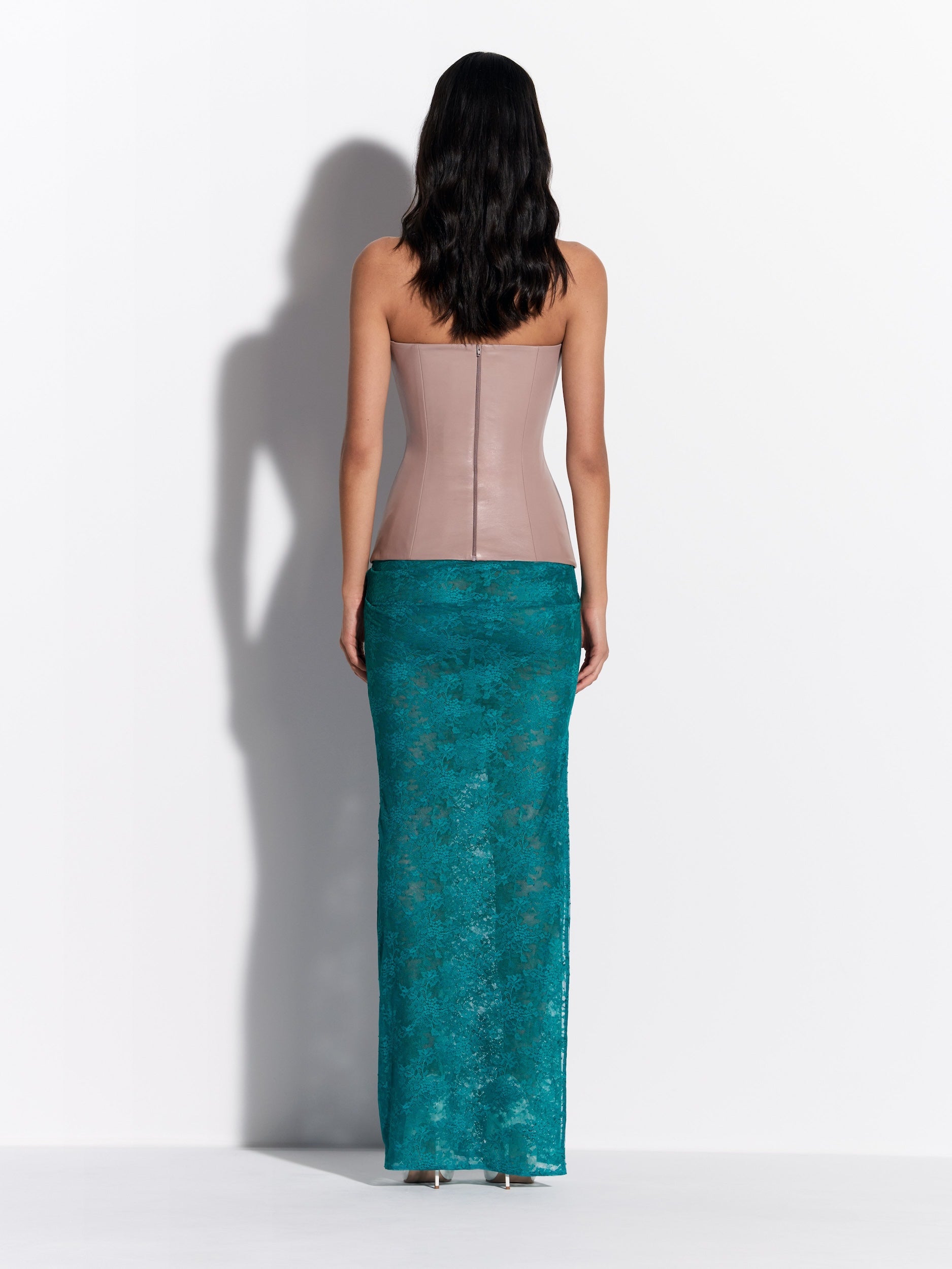Strapless Longline Corset in Leather - t0295re27-strapless-longline-corset-in-leather-dusty-pink-s0234re27-tucked-column-skirt-in-stretch-lace-teal-02.jpg