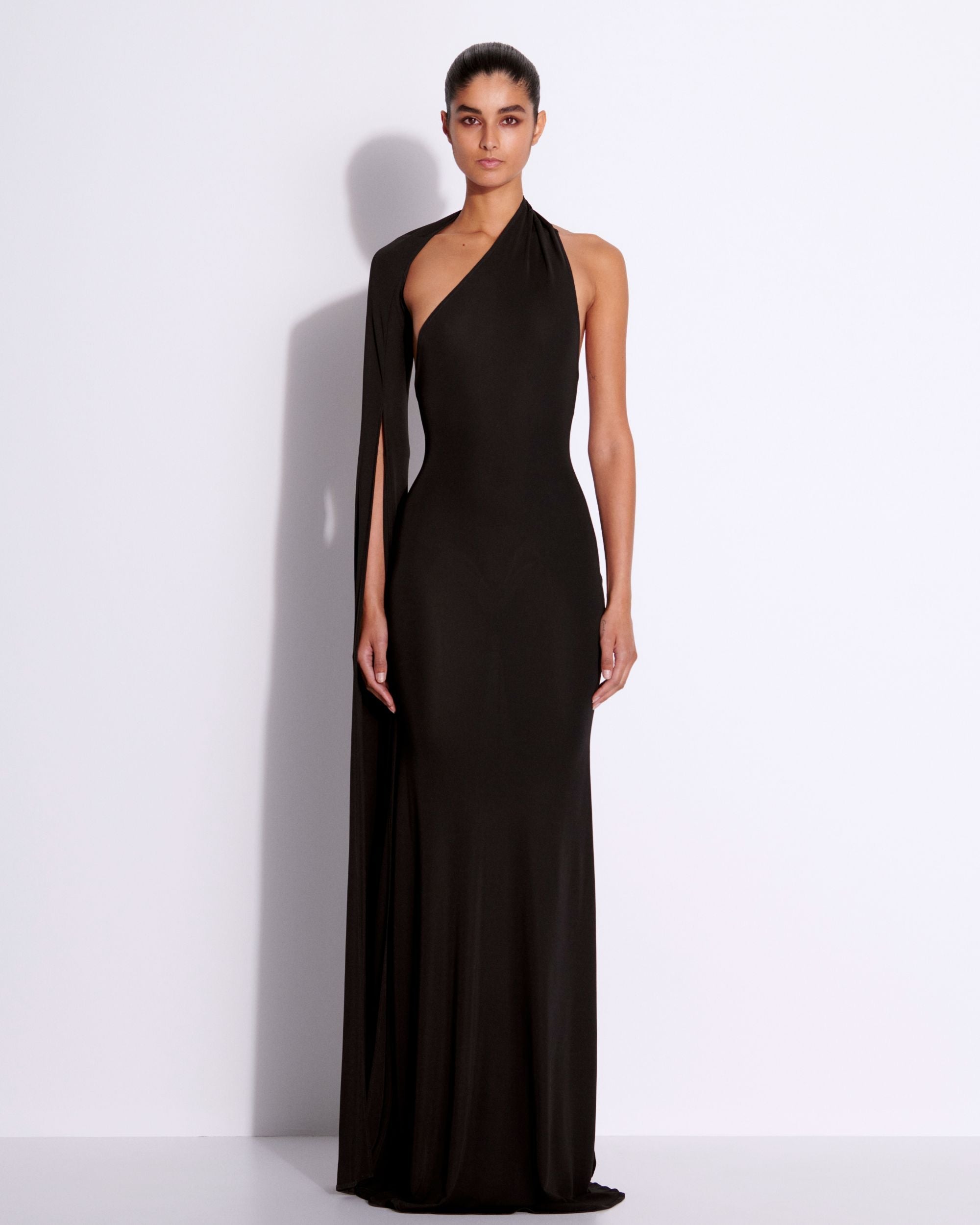 One Shoulder Cape Sleeve Gown in Viscose Jersey