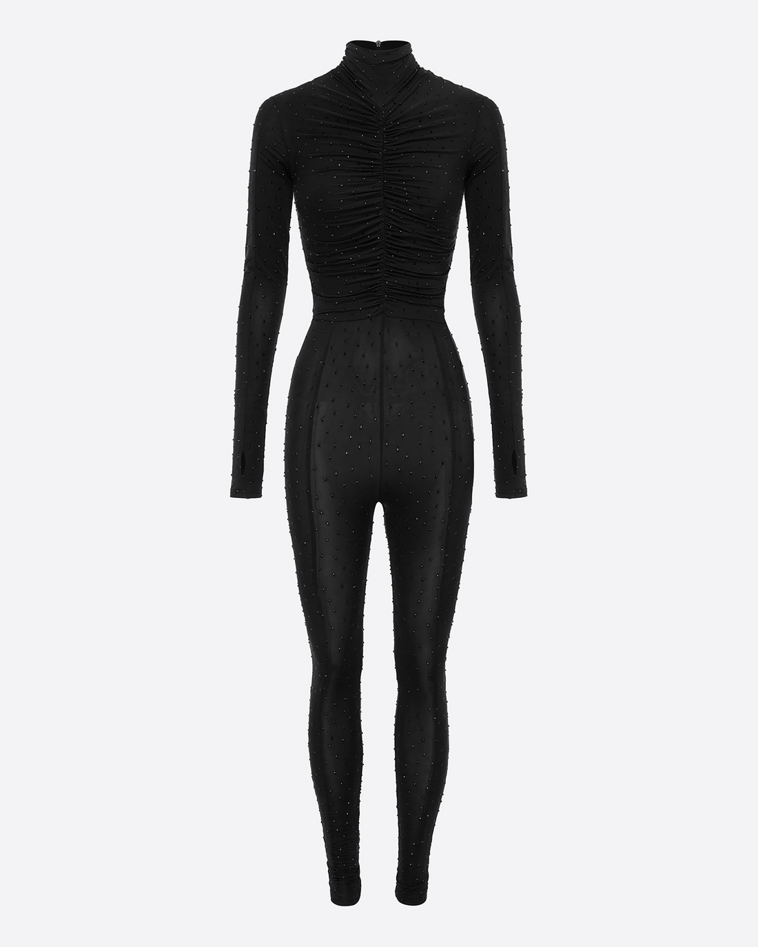 Ruched Long Sleeve Catsuit in Crystal Jersey